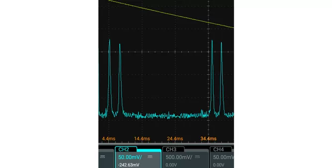 Simulated oscilloscope output showing laser mode characteristics.